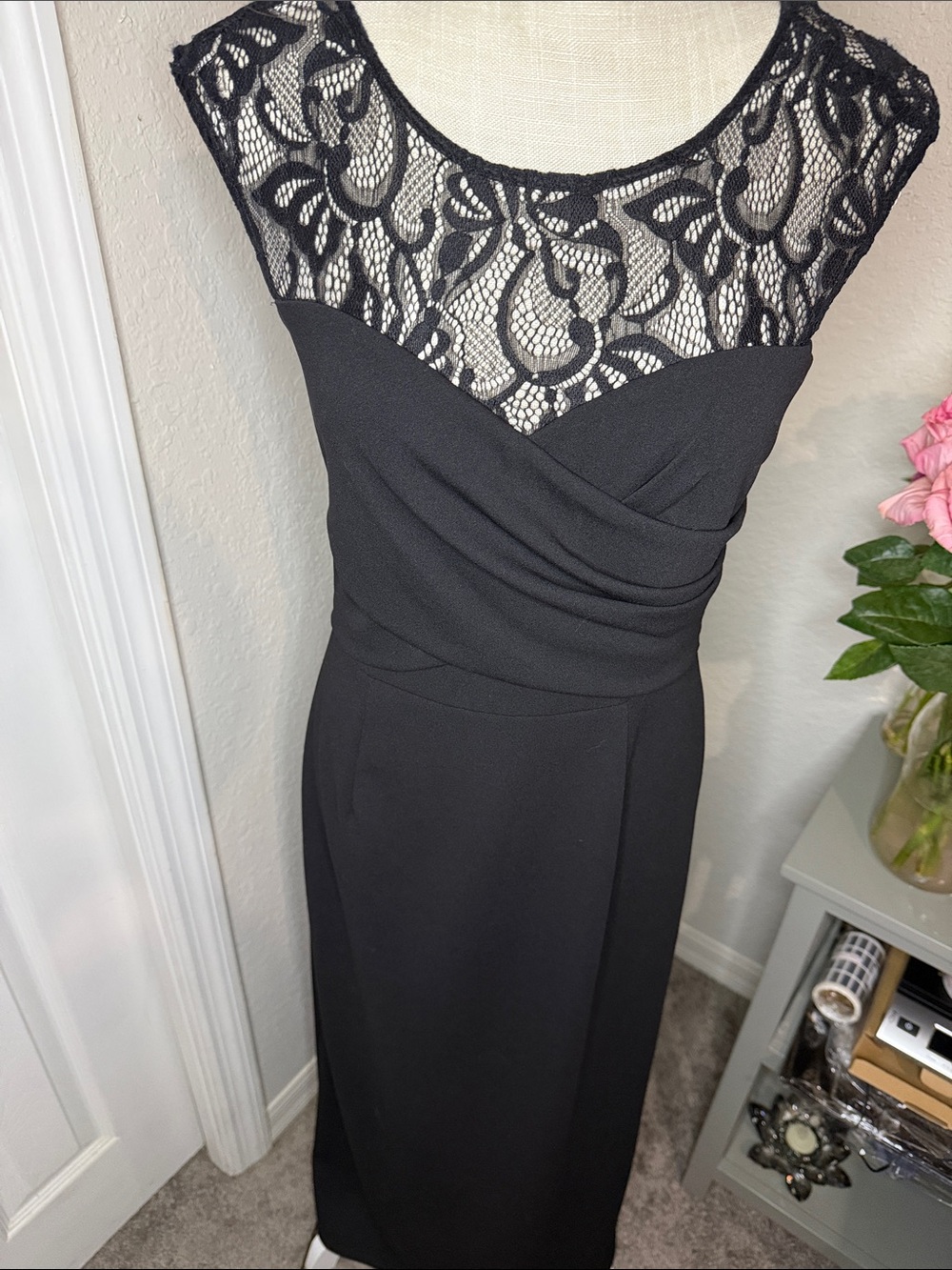 Black Lace-Yoke Midi Dress with Draped Bodice
